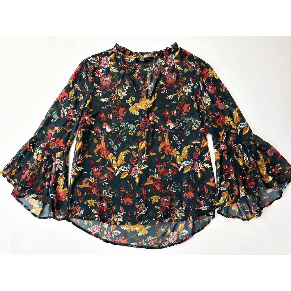 Frye Sheer Floral Blouse Size L Boho Ruffle Neck Bell Sleeve Lightweight Top